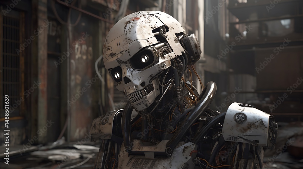 Fototapeta premium Damaged Robot in Urban Ruins.