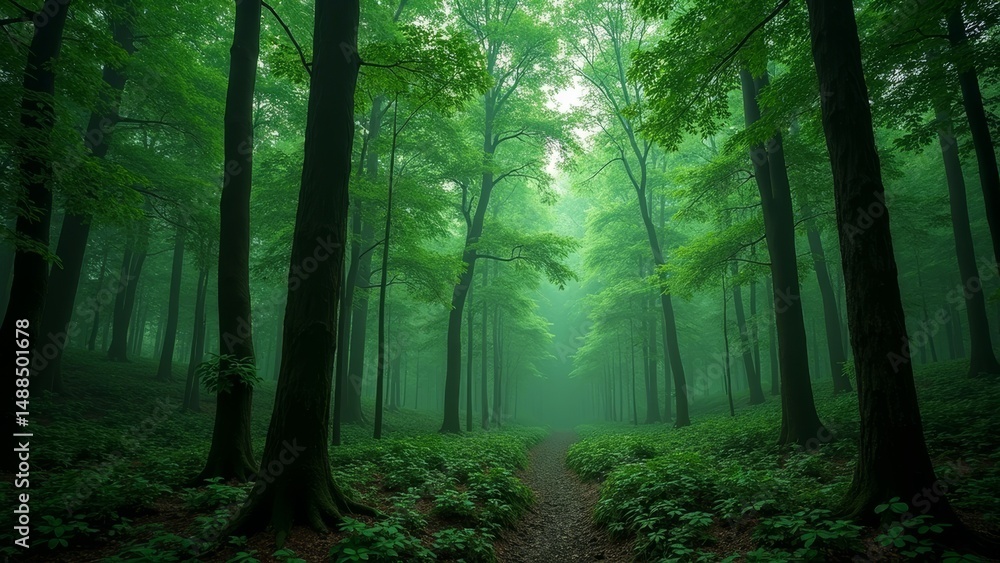 Fototapeta premium The forest path in the morning mist