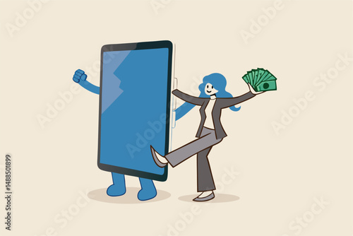 Make money from mobile app, bank transfer or smartphone payment application, investment or mobile banking concept, happy rich woman holding money banknotes walking arm in arm with mobile phone.