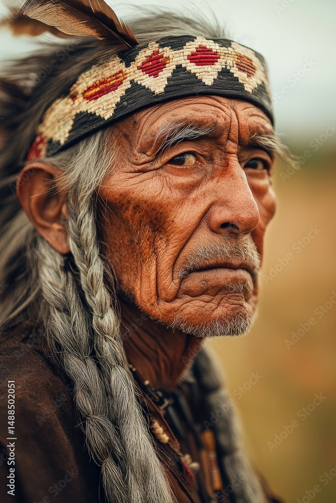 Elderly indigenous man with braids and headband standing in natural setting Elderly indigenous man with braids and headband standing in natural setting