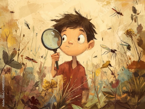 Young boy uses magnifying glass to observe insects in a field of wildflowers. Warm tones and painterly style.