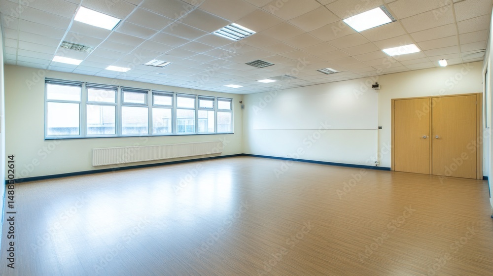 Obraz premium Empty Room with Large Windows and Wooden Floor