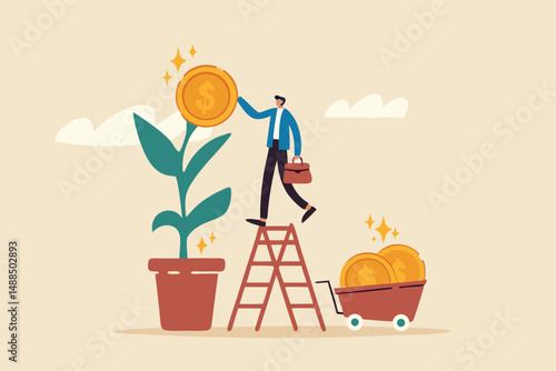 Harvest money from investment profit or earning, growing wealth or stock market prosperity, economic boom, savings or investing concept, businessman harvesting dollar coin from growing money tree.