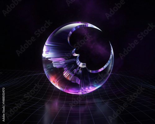 Abstract 3D Render of a Glass Sphere with a Crescent Moon Shape Inside on a Dark Grid Background