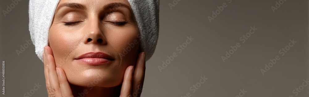 Fototapeta premium Woman enjoying relaxation with a towel wrapped around her head