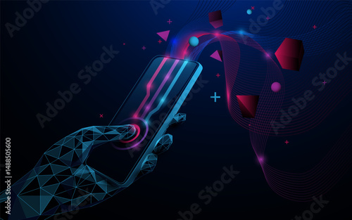 Futuristic low poly hand touching smartphone with digital flow