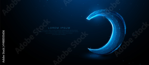 Futuristic glowing crescent moon made of digital wireframe