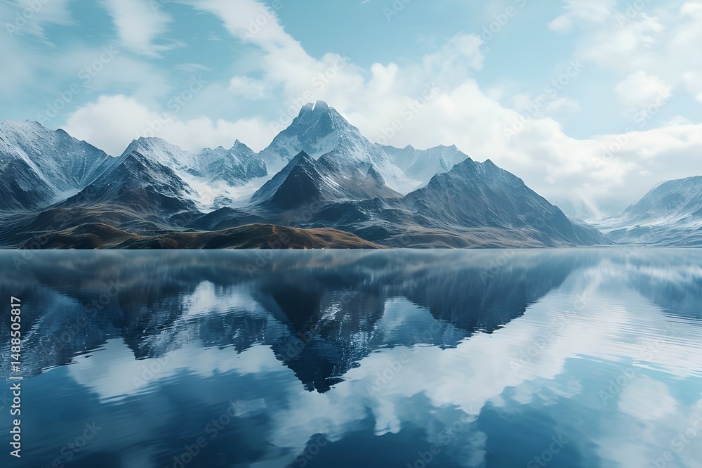 Naklejka premium Mountain Lake Mirror: A stunning reflection of mountain peaks on a pristine alpine lake, conveying the stillness and purity of nature