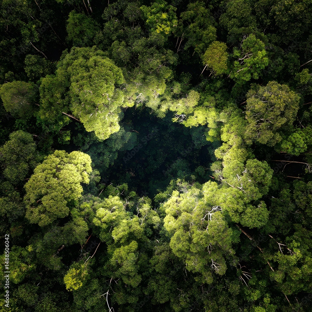 Naklejka premium Lush Green Forest Canopy with Circular Clearing Aerial View