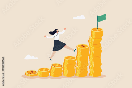 Woman investing, savings or investment for lady or female, growing wealth with compound interest, earning or profit concept, success woman investor step on money coins stack to reach financial goal.