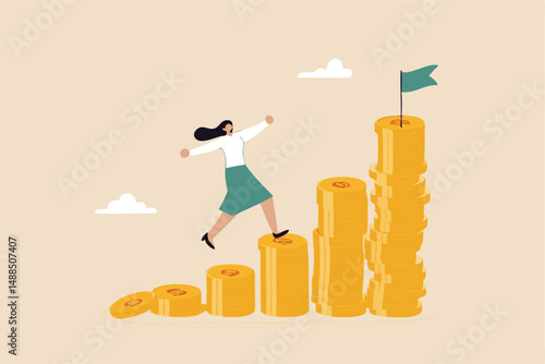 Woman investing, savings or investment for lady or female, growing wealth with compound interest, earning or profit concept, success woman investor step on money coins stack to reach financial goal.