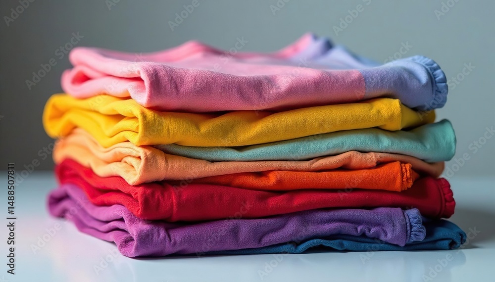 Stack of various color t-shirt blanks, neatly folded, fold, colors, clothing design Stack of various color t-shirt blanks, neatly folded, fold, colors, clothing design