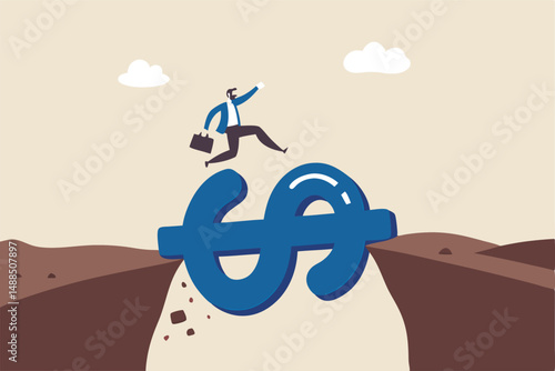 Money to rescue or support business to survive, financial help solution to get pass crisis, budget or loan payment concept, businessman jump pass cliff gap with money dollar sign bridge.