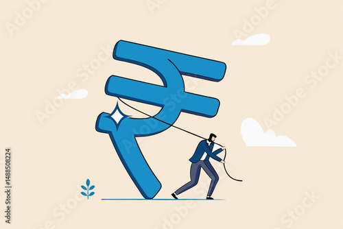Indian investment opportunity, India economics or financial policy, budget, currency or wages and income concept, success businessman investor pulling large Indian rupee money symbol.