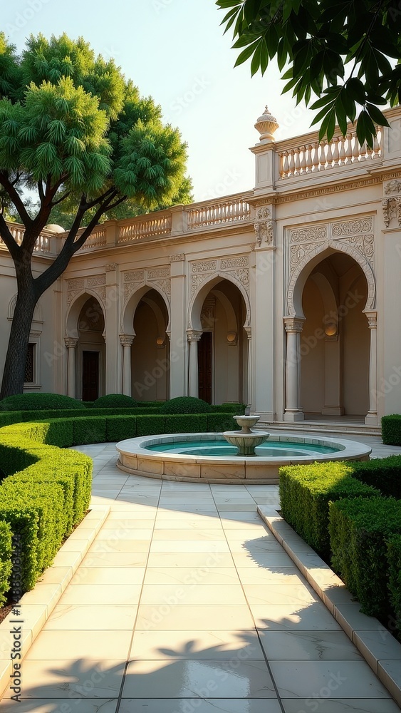 Fototapeta premium Serene courtyard with fountain and arched architecture in sunlight.