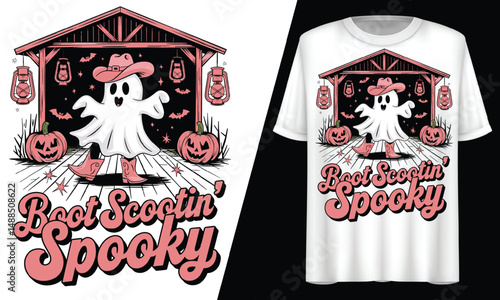 Halloween Ghost Boot Scootin Spooky Country, T-Shirt Design.
