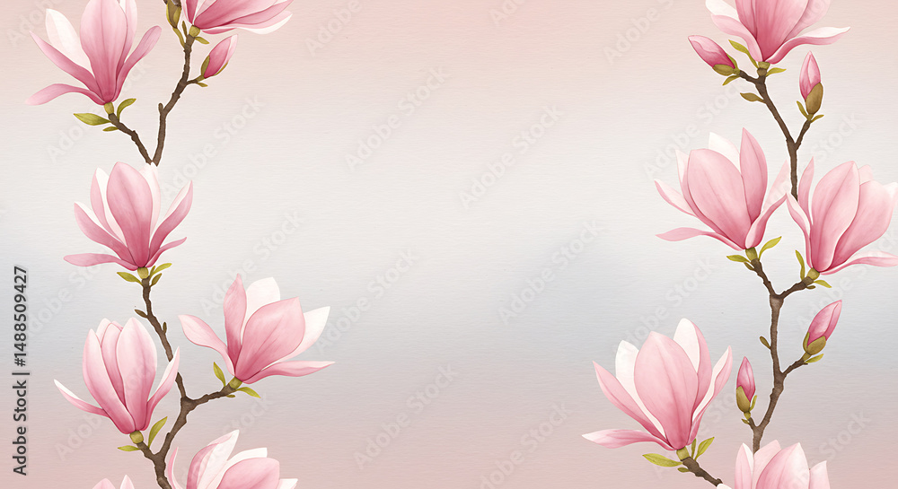 Fototapeta premium Pink Magnolias Watercolor Branches Frame Floral Background Elegant Border Design