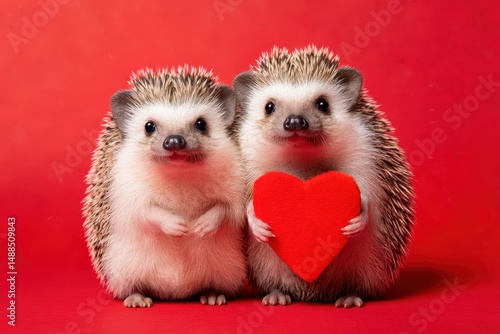 Funny animal Valentines Day, love, wedding celebration concept greeting card - Cute hedgehogs couple holding a red heart , red background
