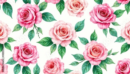 Delicate watercolor roses, lush green leaves Seamless repeat , print, beauty, flowers