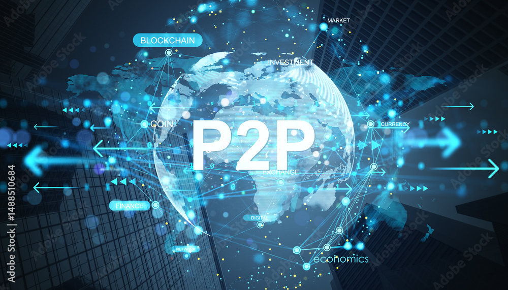 Digital P2P financial technology concept with blockchain, currency, and data network connections glowing over a world map background in blue tones. Digital P2P financial technology concept with blockchain, currency, and data network connections glowing over a world map background in blue tones.