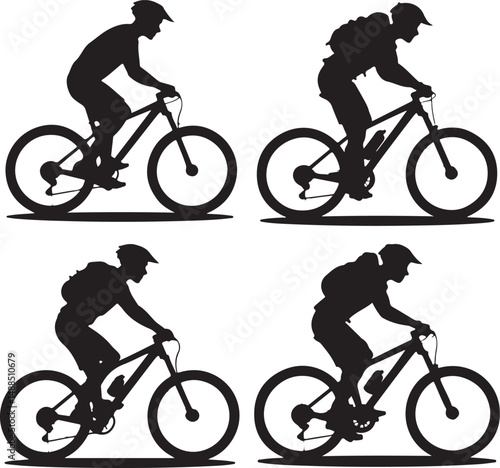 Four Silhouettes of Mountain Bikers Riding Bikes