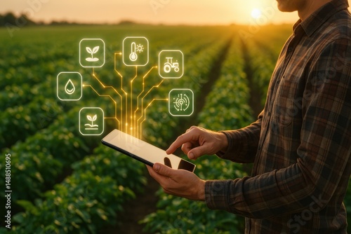 Farming with Technology: A farmer stands in a lush green field, using a digital tablet to monitor and control agricultural operations.