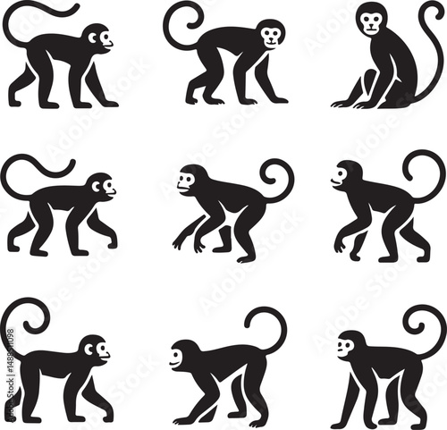 Nine Black Silhouette Monkeys in Various Poses