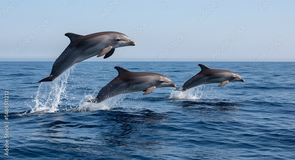 Fototapeta premium Dolphins leaping from the ocean surface showcasing marine animal behavior