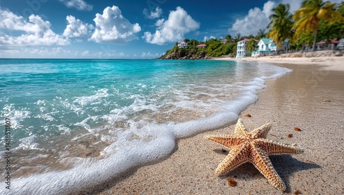 Fototapeta Naklejka Na Ścianę i Meble -  Caribbean Serenity: A starfish lies peacefully on the pristine sand of a Caribbean beach, bathed in the warm glow of the sun, with crystal-clear turquoise waters lapping gently at the shore.  