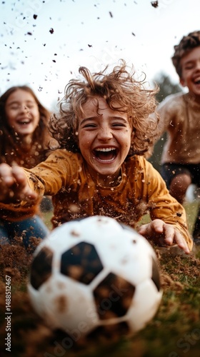 Kids joyfully playing soccer and having fun in muddy field during afternoon