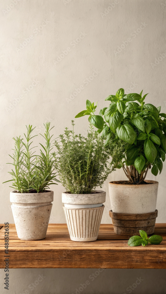 Fototapeta premium Potted basil, thyme, and rosemary herbs on wooden table, fresh green leaves, indoor gardening, natural light
