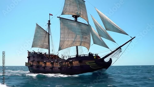 Christopher Columbus's Santa Maria Caravel Sailing on Open Ocean