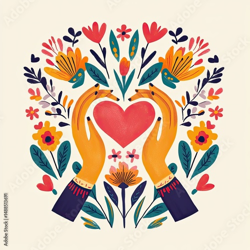 Hands holding heart with floral frame.