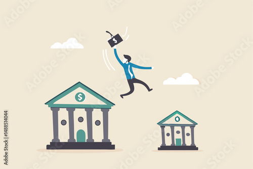 Refinance change mortgage agreement to new bank, replace debt obligation with better interest rate, housing loan or real estate investment concept, businessman with his house jump to new bank.