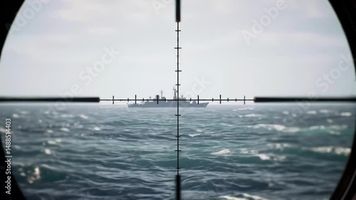 Submarine Captain POV Through Periscope Viewing Surface Ship