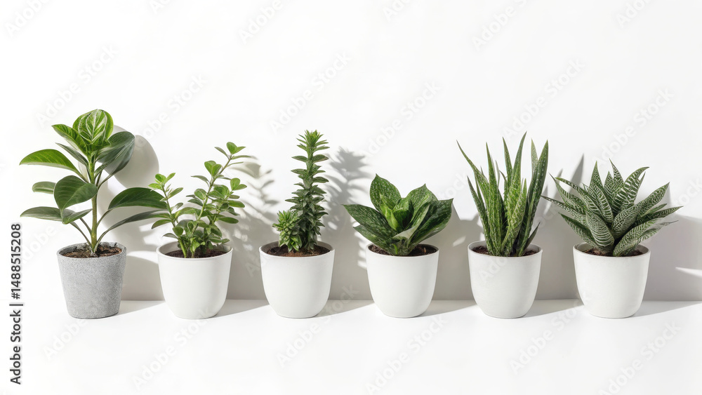 Six potted indoor plants arranged in straight line on white background, creating fresh and calming atmosphere Six potted indoor plants arranged in straight line on white background, creating fresh and calming atmosphere