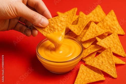 Hand dipping tortilla chip into cheese sauce with nachos on red background