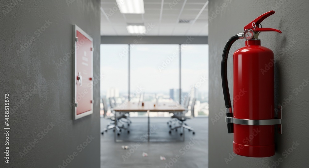 Fire extinguisher mounted on wall in modern office corridor Fire extinguisher mounted on wall in modern office corridor