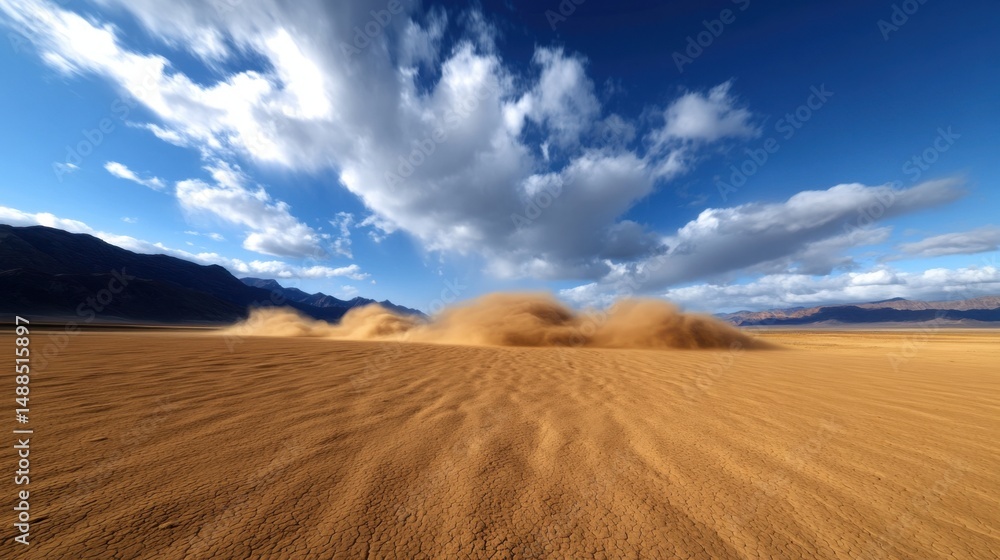 Fototapeta premium Strong winds create a swirling dust storm in a vast desert expanse. The landscape shows cracked earth and mountains in the background under a vibrant sky filled with clouds
