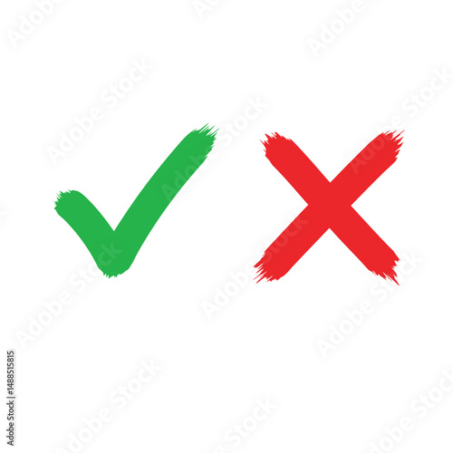 Tick and cross brush signs. Green checkmark OK and red X icons, isolated on white background. Symbols YES and NO button for vote, decision, web. Right and wrong. 