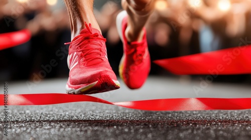 Runners crossing finish line during competitive race with cheering crowd and red ribbon