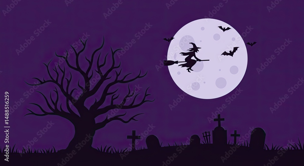 Silhouette of a witch flying on a broomstick with bats and a full moon Silhouette of a witch flying on a broomstick with bats and a full moon