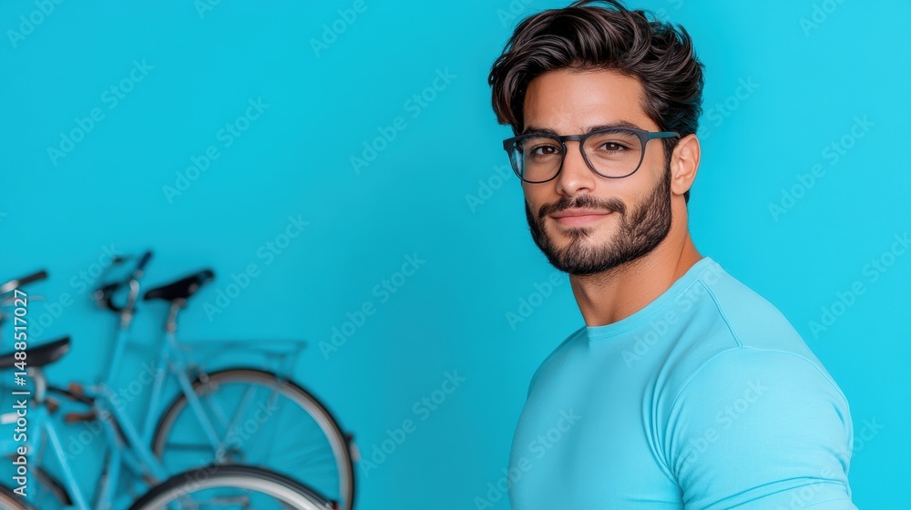 Fototapeta premium Young man with glasses smiling against a vibrant blue wall near bicycles