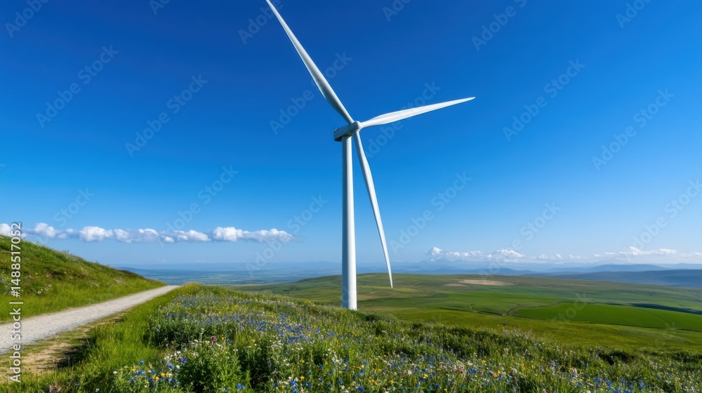 A large wind turbine dominates the landscape, surrounded by vibrant wildflowers and lush green hills under a vivid blue sky A large wind turbine dominates the landscape, surrounded by vibrant wildflowers and lush green hills under a vivid blue sky