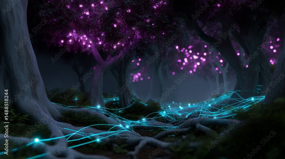 Fototapeta premium Cyberpunk forest landscape with glowing trees and luminous roots for futuristic design