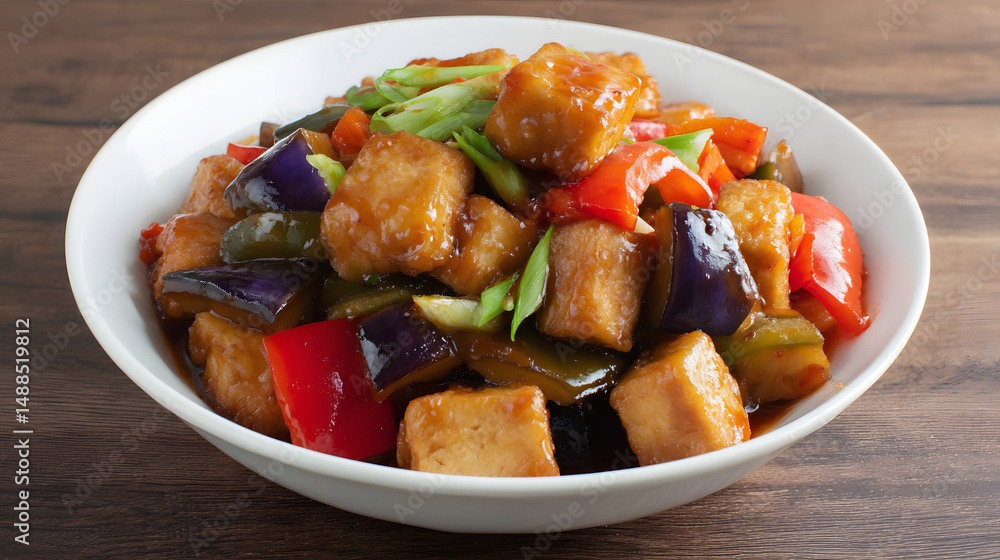 Lightly Fried Tofu Cubes Stir Fried with Colorful Vegetables in a White Bowl on a Wooden Table Lightly Fried Tofu Cubes Stir Fried with Colorful Vegetables in a White Bowl on a Wooden Table