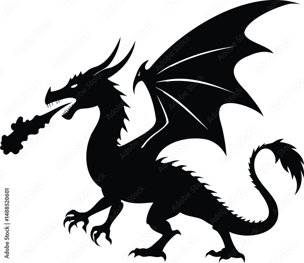 Fototapeta premium Black Dragon Silhouette with Fiery Breath and Spiked Body on White Background