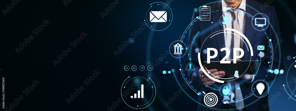 Obraz premium Businessman using tablet with P2P finance icons and digital elements on dark background representing peer-to-peer technology concept.