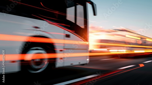 City bus speeding along urban road during sunset