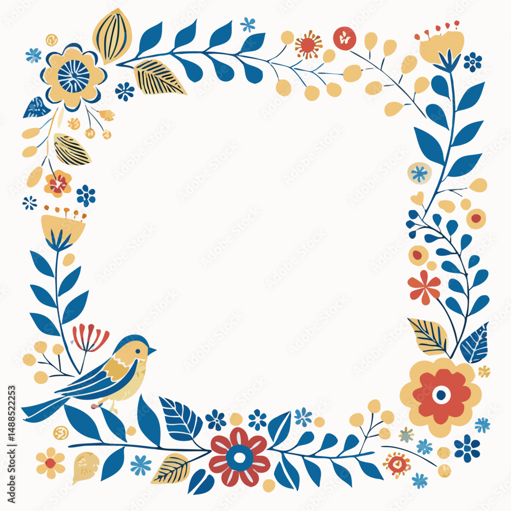 Obraz premium Floral Frame with Bird: Blue, Yellow, Red Flowers Border